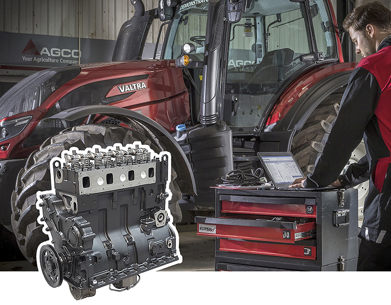 Valtra T234 in der Werkstatt mit Motorblock